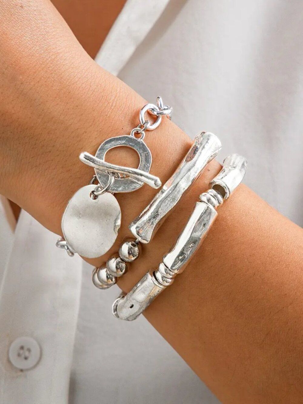 NWT-Bohemian 3pc Silvertone Boho Layered Bracelet Set Toggle OT Clasp